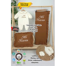 Gros Shop Müslin Yeni Doğan 4katlı Organik %100pamuk Kişiye Özgü Nakışlı Hastane Çıkış Seti Kahverengi Set-1 Kahverengi