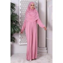 Tek Parça Pratik Başörtülü Robalı Namaz Elbisesi 8015 Pembe
