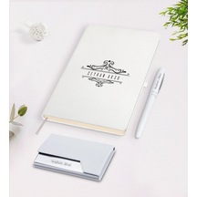 Kişiye Özel Isimli Beyaz Defter Kalem Kartvizitlik Hediye Seti-8