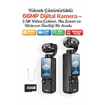 Yüksek Çözünürlüklü 66mp Dijital Kamera 2.5k Video Çekimi, 16x Zoom Ve Webcam Özelikli Taşınabilir