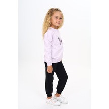 Toontoy Kids Toontoy Kız Çocuk 2'li Takım Baskılı Bisiklet Yaka Sweatshirt & Beli Paçası Lastikli Jogger Eşofman Altı 2 İplik Lila
