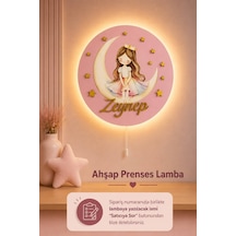 Ahşap Aylı Prenses Lamba İsme Özel Pilli Ledli Gece Lambası Bebek Çocuk Odası Pembe