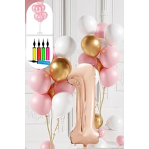 1 Yaş Balon Standlı Ve Pompalı Retro Gold Pembe Beyaz Balon Seti Rose Gold Rakamlı Süsleme Çok Renkli