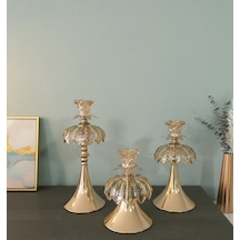 Furkan Metal Kristal Taşlı Gold 3'lü Cam Dekoratif Mumluk Şamdanlık Seti