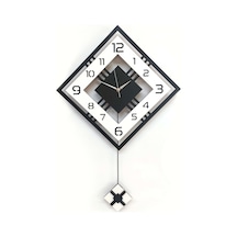 Dörtgen Geometrik Tasarım 50 Cm Modern Ahşap Sarkaçlı Duvar Saati Siyah Beyaz