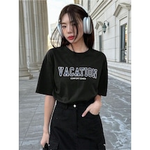 Unisex Siyah Oversize Vacation Baskılı Örme T-shirt Siyah