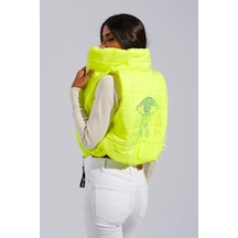 Keyifli Moda Kadın Neon Yeşil Sırtı Taş İşlemeli Dik Yaka Kısa Şişme Yelek-neon Yeşil Neon Yeşil