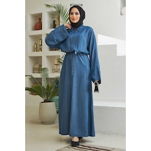 Neways 6596-Düğmeli Süs Kuşaklı Abaya Koyu Mavi