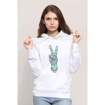 Zombie Peace Baskılı Beyaz Kadın Kapşonlu Sweatshirt