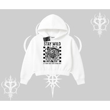 Kapşonlu Crop Sweatshirt Stay Wild Rock Spirit Urban Riot Beyaz