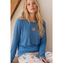 Siyah İnci Mavi Desenli Nakışlı Viskon Örme Pijama Takım 26224636
