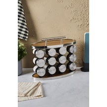 Ahşap Döner Standlı Oval Cam Metal Kapaklı Casa Wood 12 Li Standlı Baharatlık Düzenleyici Ahşap - Gri