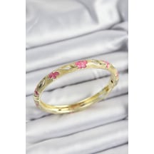 Mineli Pirinç Pembe Ve Hardal Çiçek Motifli Gold Renk Kadın Kelepçe - Tj-bb7369 Gümüş