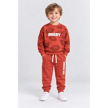 Ahengim Erkek Çocuk Rugby Topu Baskılı Pamuklu Sweatshirt Ve Pantolon Eşofman Takımı Ak119 Turuncu