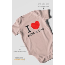 I Love Mom And Dad Baskılı Bebek Zıbını Çıtçıtlı Body %100 Pamuk Kısa Kol Pastel Pembe