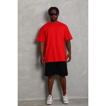 Erkek Düz Yazlık Kısa Kol Tişört Bisiklet Yaka Oversize T-shirt - Kırmızı