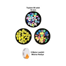 90 Adet 10 Mm Polimer Kil Fimo Boncuk Takı Bileklik + 5 Metre Misina  - Smile - Kalp - Nazar