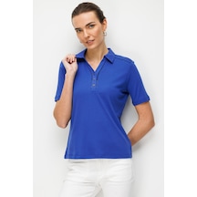 Kadın Polo Yaka İğne İşlemeli Pamuklu Penye T-shirt Sax Sax