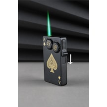Yeni Özel Tasarım Yeşil Alevli İskambil Kartı Poker Temalı Gazlı Metal Jet Çakmak Siyah