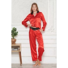 Angel's Story 1202 Kadın Saten Uzun Kollu Gömlek Pijama Takım-kırmızı Kırmızı