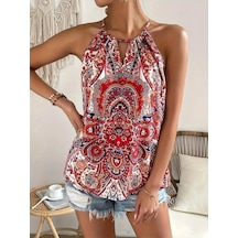 Leyla Sanat Sanata Yeni Bir Bakış Açısı Kadın Halter Kollu Damla Detaylı Desenli Süprem Bluz Kırmızı