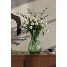 Luvia Modern Çizgili Cam Vazo - 18 Cm Dekoratif Yeşil Çiçek Vazosu Koyu Yeşil