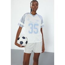 Defacto Oversize V Yaka Raglan Kol Baskılı Sporcu Tül Tişört I3135ax26auer105 Ekru-er105