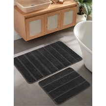 Doğal Kaymaz Taban Banyo Paspas Set Yumuşak Dokulu Su Emici Yıkanabilir Yeni Çizgili Set 50x80-50x40 Antrasit