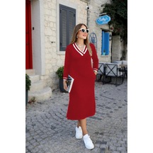 Butik İstanbul Kadın Uzun Kollu V Yakalı Yandan Yırtmaçlı Iki Iplik Midi Elbise Kırmızı