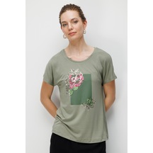 Kadın Sıfır Yaka Önü Payet Güllü Penye T-shirt Haki Haki
