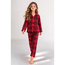 Free Beka Kırmızı Ekose Desenli Uzun Kollu Gömlek Yaka Düğmeli Kız Çocuk Pijama Takımı