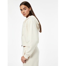 Koton Rahat Kalıp Cep Detaylı Kapüşonlu Fermuarlı Crop Sweatshirt Ekru 6wal10354ık Ekru