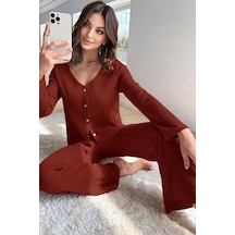 Bella Notte V Yaka Pamuklu Bordo Düğmeli Uzun Pijama Takımı