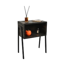 Rustik Siyah Gece Masası - Metal Ayaklar - Komidin - Çam Massif Siyah