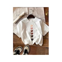 Medinenur Renkli Kalpler Desen Basklı Basic T-shirt Beyaz