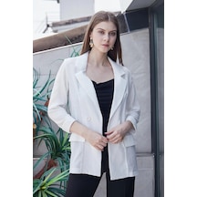 Yazlık Likrasız Keten Kumaş Yakalı Cep Kapaklı Oversize Blazer Ceket-beyaz Beyaz