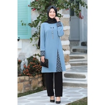 Lazer Kesim Detaylı Büyük Beden Tesettür Takım Mavi