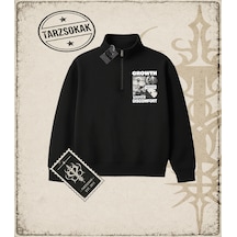 Tarzsokak Gotik & Grunge Streetwear Growth Demands Dıscomfort Yarım Fermuarlı Sweatshirt Siyah