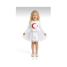 Nacar Store Kız Çocuk 23 Nisan 29 Ekim Gösteri Kıyafeti Ayyıldız Beyaz Uzunkol T-shirt Beyaz Tütü Etek Takım Beyaz-beyaz
