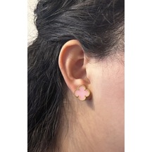 Kadın Pembe Yonca Model Büyük Çelik Küpe Gold