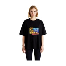 Paybuy Kadın Oversize Arcade Oyun Baskılı Tişört %100 Pamuk Rahat Kesim Siyah