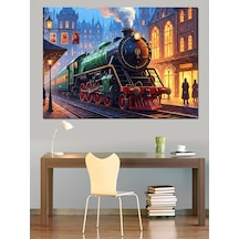 Ahşap Tablo Gece Işıkları Altında Buharlı Tren