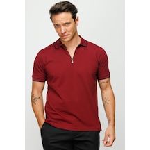 Erkek Fermuarlı Polo Yaka T-shirt Bordo Bordo