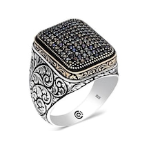 Kabala Siyah Zirkon Taşlı Yanı Işli Özel Seri Erkek Gümüş Yüzük