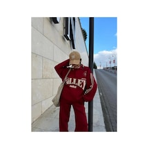 Kadın 3 İplik Pamuklu Yakalı Sweat Baggy Pantolonlu Takım - Bordo