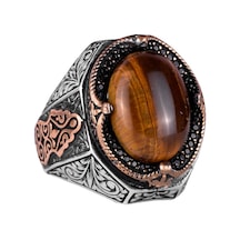El Yapımı Cabochon Kaplan Gözlü Taş Yüzük - 925k Katı Gümüş Erkek Yüzüğü - Cesur Tasarım Gümüş