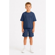 Monox Unisex 5-12 Yaş Petek Dokulu Oversize Yazlık Şort Tişört Takım Lacivert