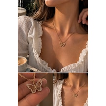 Taşlı Kelebek Figürlü Kolye Gold