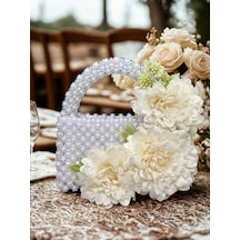 Luti Design Beyaz Boncuk Gelin Çantası / Çiçek Detaylı Özel Tasarım Nikah, Söz Ve Düğün Çantası