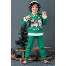 Unisex Çocuk Yılbaşı Christmas Noel Temalı 3 Cin Model Kapüşonlu 3 İp Şardonlu 3 Parça Alt Üst Takım Yeşil